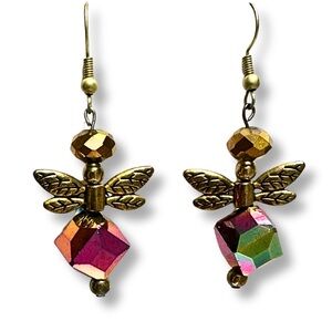 Handmade Gold Statement Dangle Drop Dragonfly Pierced Earrings